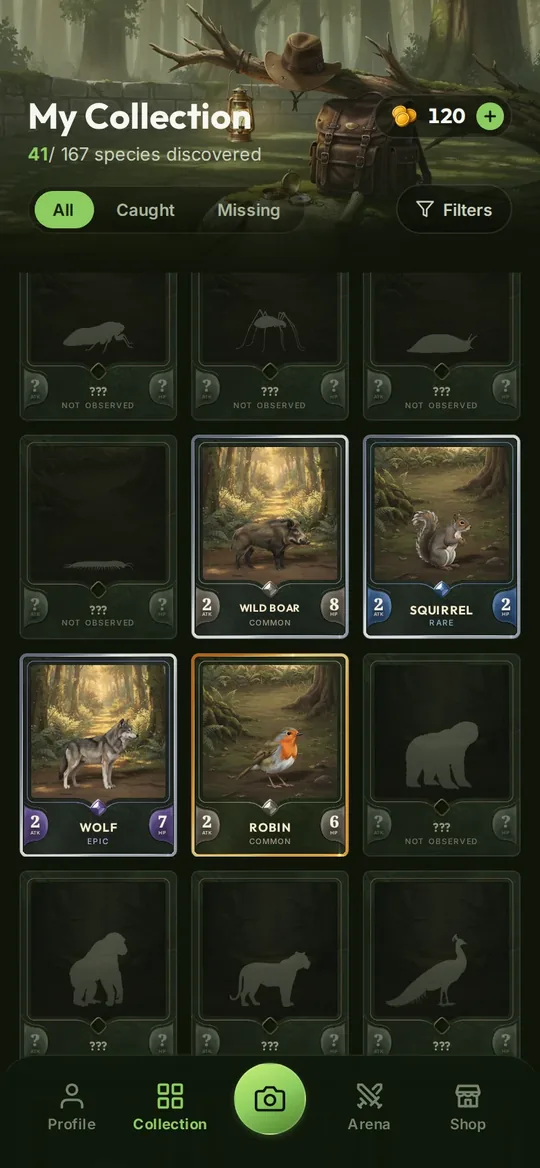 The app's Collection tab: the cards you own and, as silhouettes, the species still to discover
